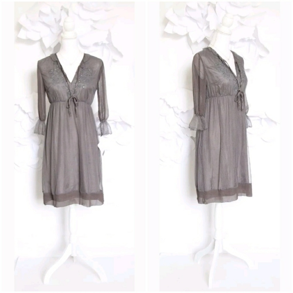 JOSEPH Lace Ruffle Cocktail Dress Small Silk Gray